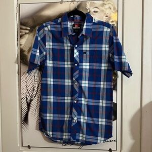 Quiksilver Blue and Red Plaid Short-Sleeve Button-Down Shirt